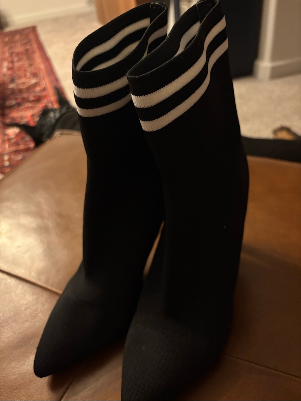 Steve Madden Black Sock Heel Boots with White Striped Cuff